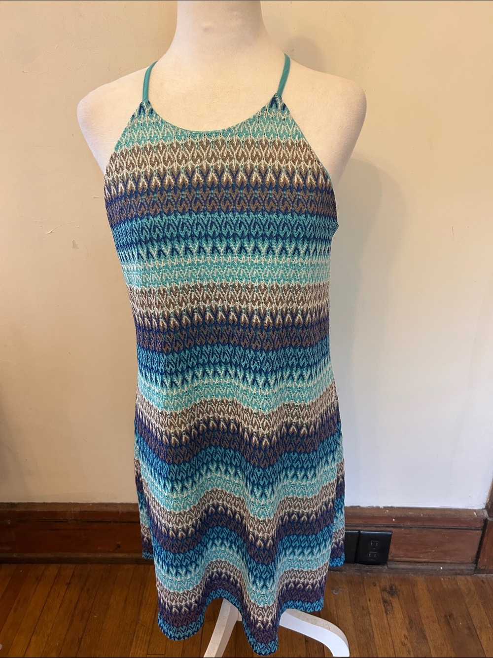 As You Wish Striped Blue Crochet Halter Dress Size L EUC